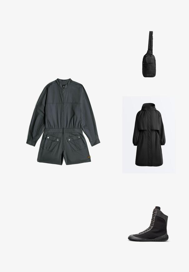 Zwarte lange parka-jas met capuchon, elastische manchetten, ritssluiting aan de voorkant bedekt met een stormklep en een kapmantel over de schouders.; Donkergrijze korte jumpsuit met lange mouwen, rits aan de voorkant, elastische taille en twee klepzakken met knopen aan de voorkant van de shorts.; Zwarte hoge sneaker met grijze suède afwerking, veters aan de voorkant en een platte rubberen zool, afgebeeld in een rechter zijaanzicht op een witte achtergrond.; Zwarte schoudertas van textuurstof, met een enkele gewatteerde schouderband, een voorvak met rits en een logo-opdruk aan de onderkant.