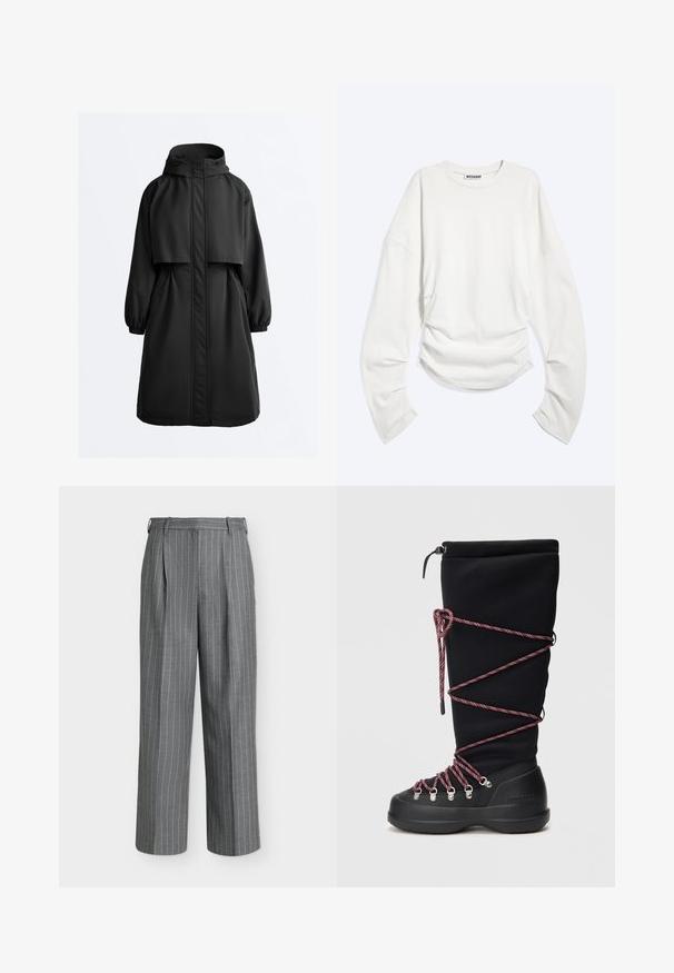 Schwarzer langer Parka mit Kapuze, elastischen Bündchen, Frontreißverschluss mit Sturmklappe und einem Überwurf auf den Schultern.; Weißes Langarmshirt mit Rundhalsausschnitt, gerafften Details an der Taille und lockerem Sitz, innen am Kragen mit "WEEKDAY" beschriftet.; Graue Hose mit hoher Taille, weißen vertikalen Nadelstreifen und weitem Bein vor einem schlichten hellen Hintergrund.; Schwarzer Stiefel mit einem hohen, weichen Schaft mit glänzender Oberfläche, burgunderfarbenen Schnürsenkeln, metallischen Ösen und einer robusten schwarzen Gummisohle.