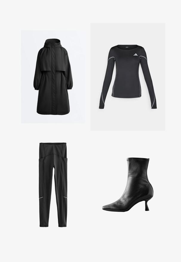 Schwarzer langer Parka mit Kapuze, elastischen Bündchen, Frontreißverschluss mit Sturmklappe und einem Überwurf auf den Schultern.; Schwarz langärmliges Sportshirt mit Rundhalsausschnitt und reflektierenden silbernen Nähten. Enthält ein kleines weißes Logo auf der oberen linken Seite.; Schwarze High-Waist-Sportleggings mit Seitentaschen und reflektierenden Streifen nahe den Waden, flach auf weißem Hintergrund ausgelegt.; Schwarze Lederstiefelette mit spitz zulaufender Spitze, tailliertem Design und einem niedrigen, ausgestellten Absatz, verfügt über eine glatte Textur und minimale Nähte.