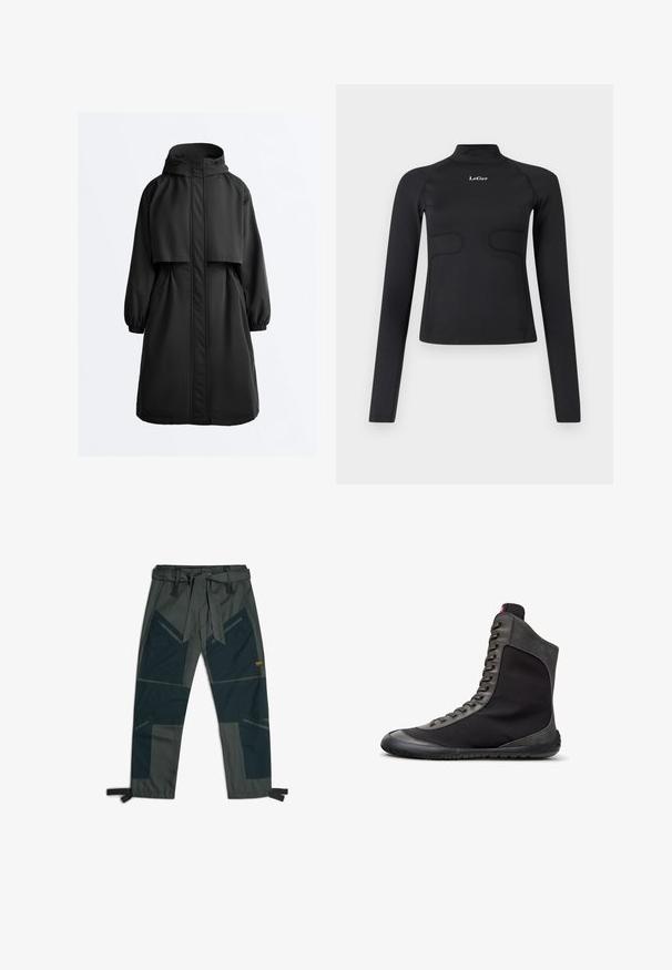 Zwarte lange parka-jas met capuchon, elastische manchetten, ritssluiting aan de voorkant bedekt met een stormklep en een kapmantel over de schouders.; Zwarte aangesloten longsleeve top met een opstaande kraag en het witte "LeGer" logo gecentreerd op de borst tegen een witte achtergrond.; Broek met een riem, voorzien van een mix van donkergroene en grijze stoffen, hoekig patchworkontwerp, meerdere zakken en verstelbare enkelbandjes.; Zwarte hoge sneaker met grijze suède afwerking, veters aan de voorkant en een platte rubberen zool, afgebeeld in een rechter zijaanzicht op een witte achtergrond.