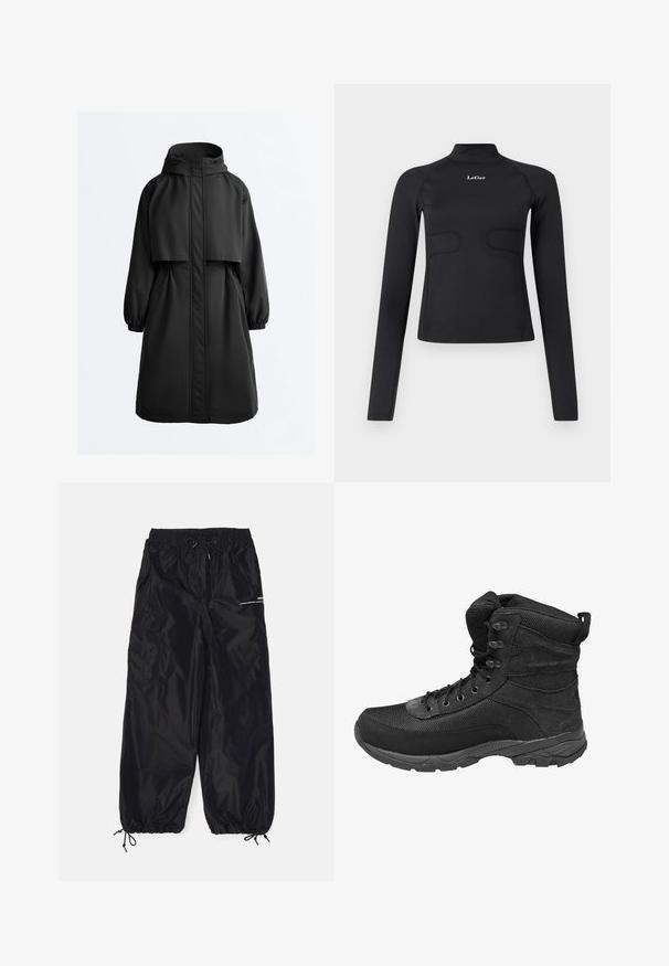 Zwarte lange parka-jas met capuchon, elastische manchetten, ritssluiting aan de voorkant bedekt met een stormklep en een kapmantel over de schouders.; Zwarte aangesloten longsleeve top met een opstaande kraag en het witte "LeGer" logo gecentreerd op de borst tegen een witte achtergrond.; Zwarte cargobroek van glanzend nylon met een elastische tailleband, verstelbaar trekkoord, zijzakken en elastische boorden.; Zwarte hoge tactische laars met mesh- en suède panelen, veters aan de voorkant, gevoerde kraag en robuuste rubberen zool.