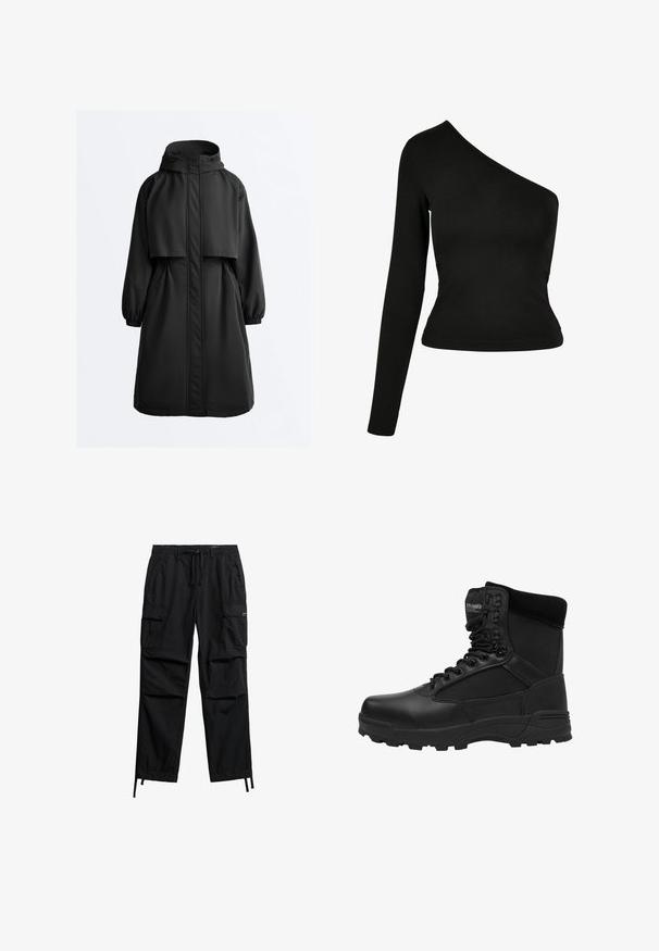 Zwarte lange parka-jas met capuchon, elastische manchetten, ritssluiting aan de voorkant bedekt met een stormklep en een kapmantel over de schouders.; Zwarte top met lange mouwen en een asymmetrische halslijn. Gemaakt van een gladde stof, met een getailleerd ontwerp en een gebogen zoom. Geen patronen of versieringen.; Zwarte cargobroek van lichtgewicht stof, voorzien van meerdere zijzakken, een verstelbare taille met trekkoord en taps toelopende manchetten.; Zwarte tactische laarzen met een gladde leren afwerking, meshpanelen, versterkte neus en robuuste zool. Voorzien van veters en een gevoerde kraag.