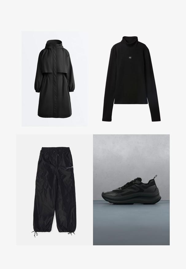Sort lang parka med hætte, elastiske manchetter, forreste lynlås dækket af en stormklap og en kappeoverdel på skuldrene.; Sort ribstrikket bluse med lange ærmer og lille firkantet Calvin Klein-logo placeret centralt på brystet.; Sorte cargobukser lavet af blank nylon med elastisk talje, justerbar snor, sidelommer og elastiske manchetter.; Sort Calvin Klein-sneaker med chunky sål, der svæver over træfliser udendørs med grønne blade og grå væg i baggrunden.