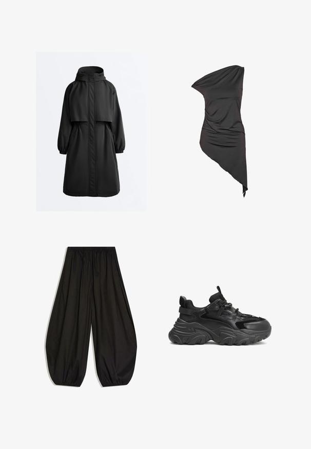 Zwarte lange parka-jas met capuchon, elastische manchetten, ritssluiting aan de voorkant bedekt met een stormklep en een kapmantel over de schouders.; Zwarte asymmetrische one-shoulder jurk met geplooide stof en een ongelijke zoom, aan één kant langer.; Zwarte broek met wijde pijpen, elastische tailleband en geplooide elastische boorden, gemaakt van lichtgewicht stof.; Zwarte, robuuste sneakers met bovenwerk van mesh en leer, een gemêleerde rubberen zool, een gevoerde kraag en vetersluiting. Bijzonder door hun gedurfde vorm.