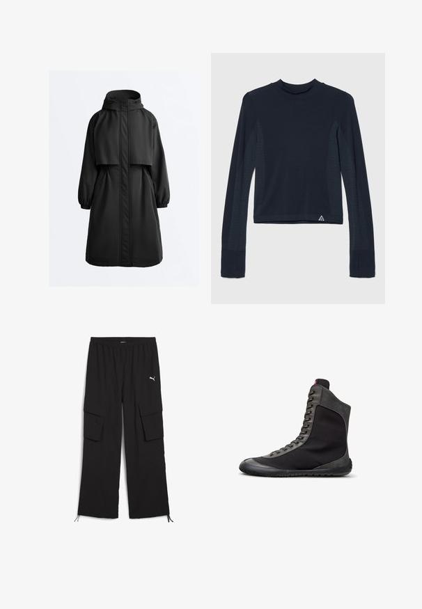 Parka longue noire à capuche avec poignets élastiques, fermeture éclair avant recouverte d'un rabat coupe-vent et une cape superposée sur les épaules.; Haut à manches longues en navy avec une texture côtelée, présentant des accents à pois le long des manches et un col haut. Logo de la marque en bas à gauche.; Pantalons cargo noirs avec une conception à jambes larges, taille élastique, deux poches latérales et ourlets à cordon de serrage. Présente un petit logo blanc.; Baskets montantes noires avec garniture en daim gris, lacets à l'avant et semelle plate en caoutchouc, montrées de profil droit sur fond blanc.