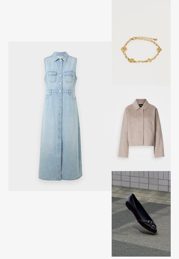 Manteau en laine raccourci de couleur beige clair avec un col, des manches longues et un design de devant épuré. Texture douce sans fermetures visibles.; Robe sans manches en denim, bleu clair, avec fermeture à boutons à l'avant, deux poches poitrine, taille cintrée et jupe longue à coupe droite.; Ballerine plate noire à bout pointu avec deux petites boucles argentées flottant au-dessus de l'asphalte près d'un mur carrelé en arrière-plan.; Bracelet chaîne en or avec quatre breloques décoratives comportant des motifs découpés floraux et croix, fermoir ajustable, sur un fond blanc uni.