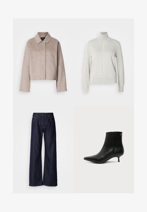 Manteau en laine raccourci de couleur beige clair avec un col, des manches longues et un design de devant épuré. Texture douce sans fermetures visibles.; Pull léger gris avec un col haut et une fermeture éclair quart. Fabriqué à partir d'un matériau doux et texturé, il présente des manches longues et un ourlet ajusté.; Jean en denim noir à jambes larges et taille haute, avec poches avant et détails de couture subtils. Texture lisse avec une coupe classique.; Bottine en cuir noir avec bout pointu et petit talon kitten sur fond clair, vue côté extérieur.