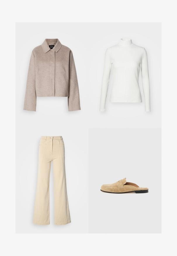 Manteau en laine raccourci de couleur beige clair avec un col, des manches longues et un design de devant épuré. Texture douce sans fermetures visibles.; Haut col roulé blanc à côtes avec des manches longues, fabriqué en tissu extensible. Présente un design ajusté et un encolure haute pour plus de couverture.; Jeans beige à jambes larges avec taille haute, poches avant, et couture contrastée, dotés d'une fermeture à bouton et d'une texture en coton lisse.; Mocassin beige en cuir suédé sans talon avec une semelle noire et des détails cousus sur un fond uni et clair.