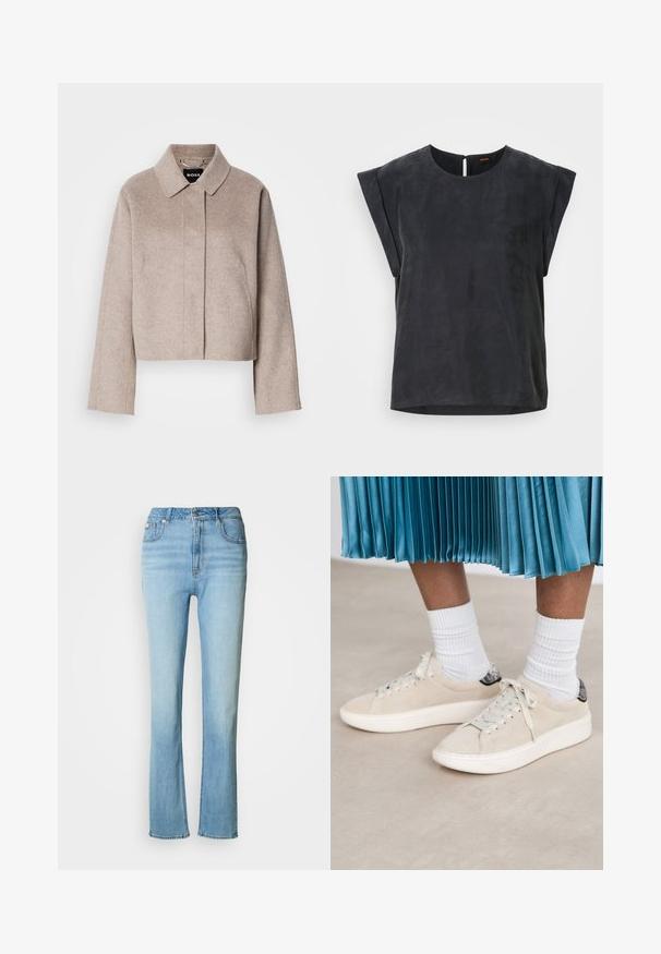 Beskåret uldfrakke i lys beige med krave, lange ærmer og et rent frontdesign. Blød tekstur uden synlige lukninger.; Sort kortærmet top med rund halsudskæring og minimalistisk design. Glat tekstur med en subtil glans, der har en nøglehulslukning i ryggen.; Lyseblå denim jeans med høj talje, lige ben-design og subtilt falmet finish. Har forlommer og lynlåslynlås.; Beige ruskindsneakers med en hvid gummisål og snørebåndsdesign. Accentueret med en struktureret sort hælflap. Båret med hvide ribbede sokker.