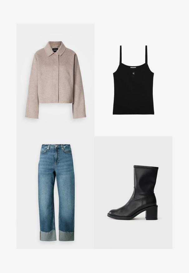 Beskåret uldfrakke i lys beige med krave, lange ærmer og et rent frontdesign. Blød tekstur uden synlige lukninger.; Sort cropped tanktop med tynde skulderstropper og lille sølv CK-logo centreret under udskæringen.; Lyseblå denimjeans med en løs, lige pasform. Har en frynset kant og kontrasterende manchet detalje. Fem-lommer design med knaplukning.; Sort læder ankelstøvle med rund tå, glat tekstur og en grov hæl, der har et tætsiddende skaft og subtil syning.