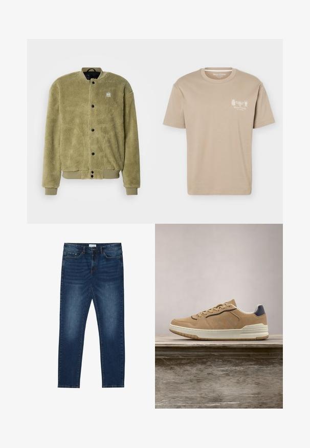 Veste en polaire vert olive avec une surface texturée. Présente un col rond, des détails cousus et des boutons-pression pour la fermeture.; T-shirt beige à manches courtes avec col rond, présentant de petits motifs d'insectes et le logo "Marc O'Polo" sur la poitrine gauche.; Jean slim-fit bleu foncé avec des détails délavés, design classique à cinq poches, fermeture à bouton et passants de ceinture.; Baskets en suède beige avec semelle en caoutchouc blanc, dotées de lacets beiges, d'accents bleu marine et de détails perforés sur la boîte à orteils.