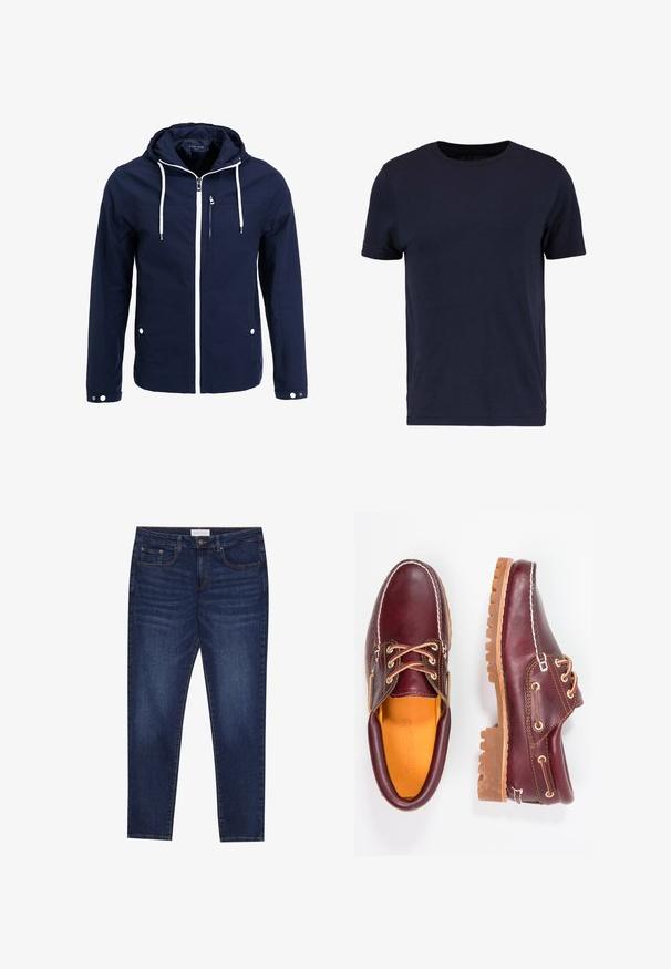Marineblauwe waterdichte jas met capuchon, witte ritsen en trekkoorden. Voorzien van een voorzak met rits en twee zijzakken met drukknopen. Glad textuur.; Pier One T-shirt basic - dark blue; Donkerblauwe slim-fit jeans met vijf zakken, knoopsluiting en contrasterende stiksels, gelabeld Pier One op de tailleband.; Bordeaux leren schoenen met bruine rubberen zolen, ronde neus, witte stiksels en gouden veterogen. Het interieur heeft een gele voering.