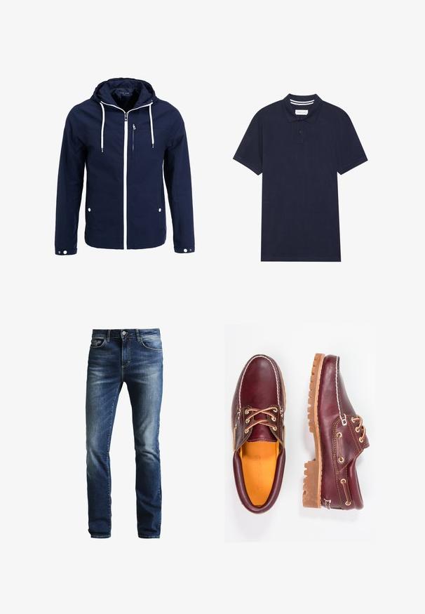 Marineblå vandtæt jakke med hætte, hvide lynlåse og snørehuller. Har en frontlomme med lynlås og to sidelommer med trykknapper. Glat tekstur.; Marineblå polo t-shirt lavet af tekstureret stof, med en tre-knaps knaplukning, korte ærmer og en stribet krave.; Mørkeblå denimbukser med en falmet vask, lige ben, fem-lomme design og sølvknap lukning. Har kontrastsyning.; Bordeaux lædersko med brune gummisåler, rund tå, hvid syning og gyldne snøringer. Indersiden har et gult for.