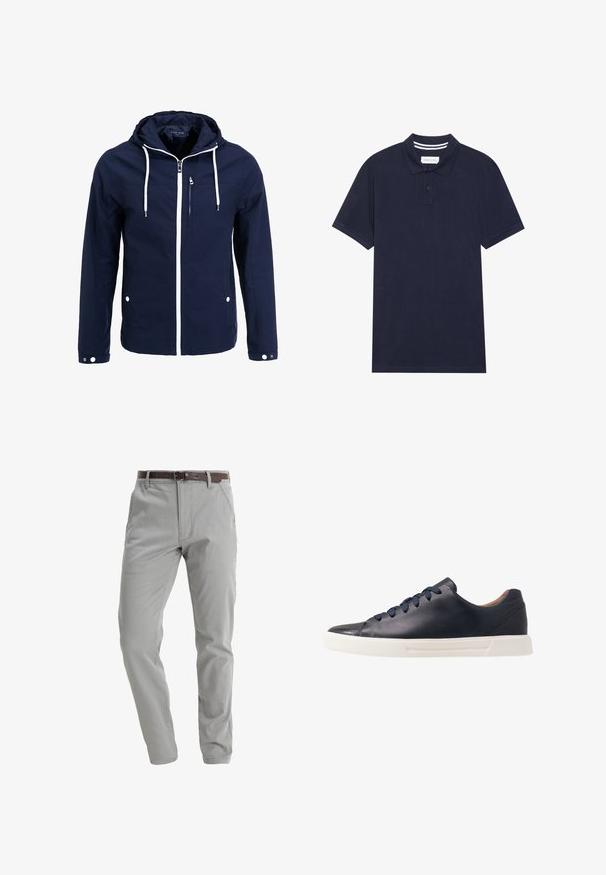 Chaqueta naval impermeable con capucha, cremalleras blancas y cordones. Cuenta con un bolsillo frontal con cremallera y dos bolsillos laterales con snaps. Textura suave.; Camisa polo azul marino hecha de un tejido texturizado, con una tapeta de tres botones, mangas cortas y un detalle de cuello a rayas.; Pantalones gris claro de tela suave, con un diseño de pierna recta, bolsillos frontales y un cinturón de cuero marrón para ajustar.; Zapatillas de cuero azul marino con un acabado suave, suela plana de goma blanca, puntera redonda y seis cordones azul marino pasados por ojales redondos.