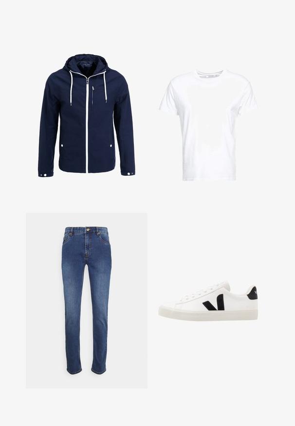 Marineblauwe waterdichte jas met capuchon, witte ritsen en trekkoorden. Voorzien van een voorzak met rits en twee zijzakken met drukknopen. Glad textuur.; Witte katoenen t-shirt met een ronde hals en korte mouwen, in een klassiek model met een gladde textuur. Geen patronen of hardware zichtbaar.; Donkerblauwe denim jeans met een klassieke rechte snit, vijf zakken, een gouden knoopsluiting en subtiele stiksels langs de naden.; Witte leren sneaker met zwarte suède accenten; voorzien van een rubberen zool, ronde neus en een klassieke vetersluiting. Zijkant met logo in het zwart.