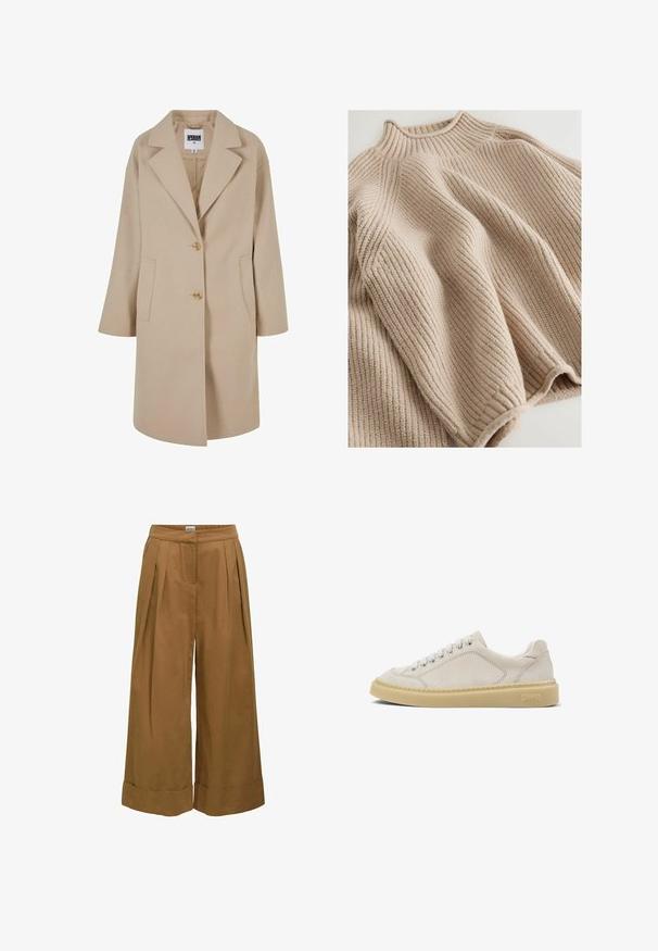Beige wollen blend jas met een ingesneden kraag, twee knopen, zijzakken en een losse pasvorm. Beschikt over een gladde, textuurachtige afwerking.; Gebreide trui in lichtbeige met een geribbelde textuur, met een hoge kraag en een brede, ontspannen silhouet. Accentueert met textuursteek.; Bruine cropped broek met wijde pijpen, plooien, omgeslagen zomen en een verborgen voorzijde sluiting.; Beige suède sneaker met lage schacht, witte veters en een dikke tan rubberen zool, Camper-logo gegraveerd aan de hielzijde.