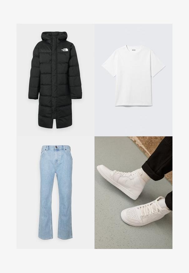 Schwarze Steppjacke mit Kapuze, mit einem Logo auf der Brust, gesteppten Abschnitten und langen Ärmeln. Das Material wirkt glatt und isolierend.; Weißes T-Shirt mit kurzen Ärmeln und Rundhalsausschnitt, flach liegend, schlichtes Design, mit „WEEKDAY“-Etikett innen im Kragen auf hellem Hintergrund.; Hellblaue Jeans aus Denim mit geradem Schnitt, fünf Taschen und Knopfverschluss an der Taille. Mit gestickten Details.; Weisse High-Top-Sneaker aus glattem Leder mit perforierter Zehenpartie, Schnürverschluß und dezentem Logodetail an der Seite. Strukturierte Gummisohle.