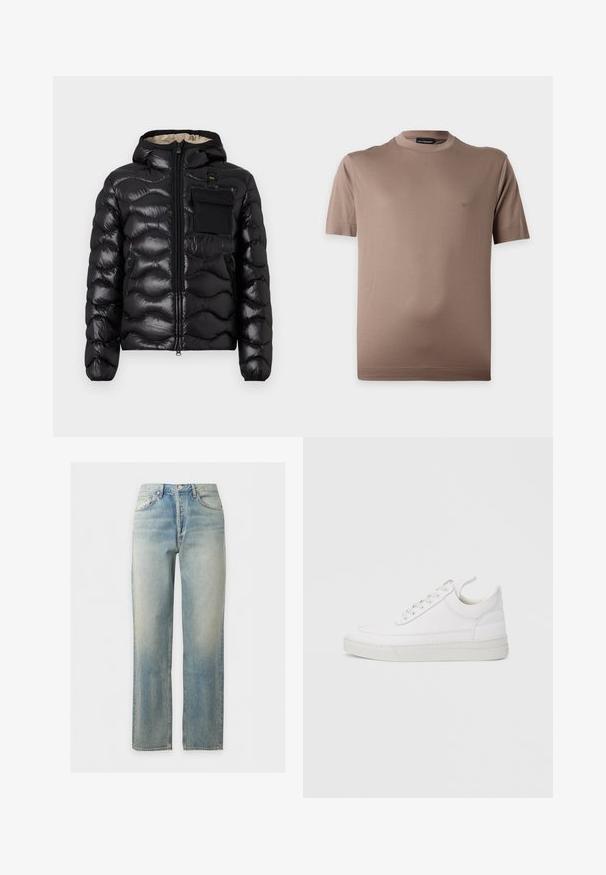 Doudoune noire avec capuche, design matelassé, fermeture éclair à l'avant et poche poitrine. Fabriquée en tissu brillant et texturé avec des poignets élastiques.; T-shirt marron à manches courtes avec col rond et petit logo sur la poitrine gauche, présenté sur fond blanc.; Jean en denim délavé bleu clair avec coupe droite, fermeture à boutons et zip sur le devant, et design cinq poches.; Baskets en cuir blanc avec un embout arrondi, une semelle plate et un laçage à l'avant. Présentent des détails de couture et un col rembourré pour plus de confort.