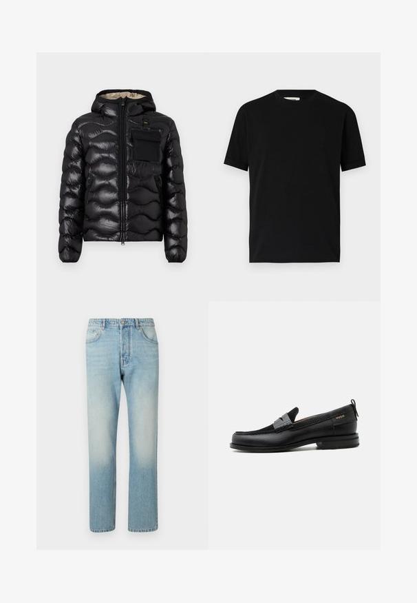 Doudoune noire avec capuche, design matelassé, fermeture éclair à l'avant et poche poitrine. Fabriquée en tissu brillant et texturé avec des poignets élastiques.; T-shirt noir à manches courtes en coton avec un col rond et une coupe ample. Texture lisse, sans motifs ni logos visibles.; Jeans bleu clair fabriqués en denim, présentant un design à jambe droite, une structure à cinq poches et un effet délavé au niveau des cuisses.; Mocassin en cuir noir avec détail de bride grise, talon bas et semelle texturée, marqué "HUGO" en or sur le côté.