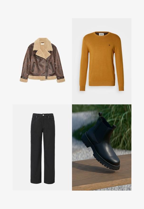 Chaqueta de cuero marrón con cuello y forro de shearling beige, que presenta cremalleras diagonales y detalles de costura en los puños y el dobladillo.; Jersey de punto amarillo mostaza con cuello redondo, mangas largas y puños acanalados. Presenta un pequeño logotipo negro en el pecho.; Pantalones de pierna ancha negros de algodón con cuatro bolsillos, cierre frontal de botón y un diseño clásico de mezclilla. Textura suave, sin patrones visibles.; Botas de tobillo de cuero negro con paneles laterales elásticos, punta redonda y suela de taco grueso, exhibidas sobre una superficie de madera.