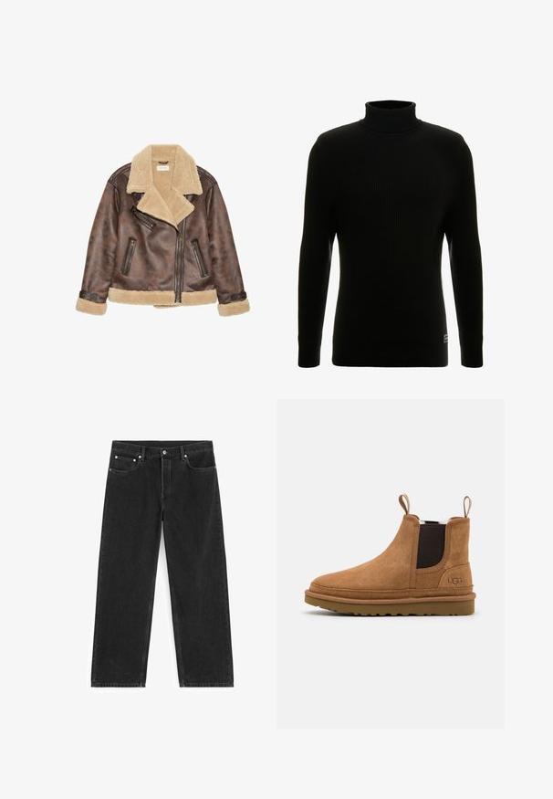 Chaqueta de cuero marrón con cuello y forro de shearling beige, que presenta cremalleras diagonales y detalles de costura en los puños y el dobladillo.; Suéter negro de cuello alto con mangas largas, textura acanalada, silueta ajustada y pequeña etiqueta de la marca en la parte inferior izquierda.; Vaqueros negros de pierna recta con bolsillos delanteros y traseros, trabillas para cinturón y cierre de botón en la cintura.; Botas de ante marrón hasta el tobillo con paneles elásticos laterales y tiradores, que cuentan con una suela de goma y un logo sutil en el lateral.
