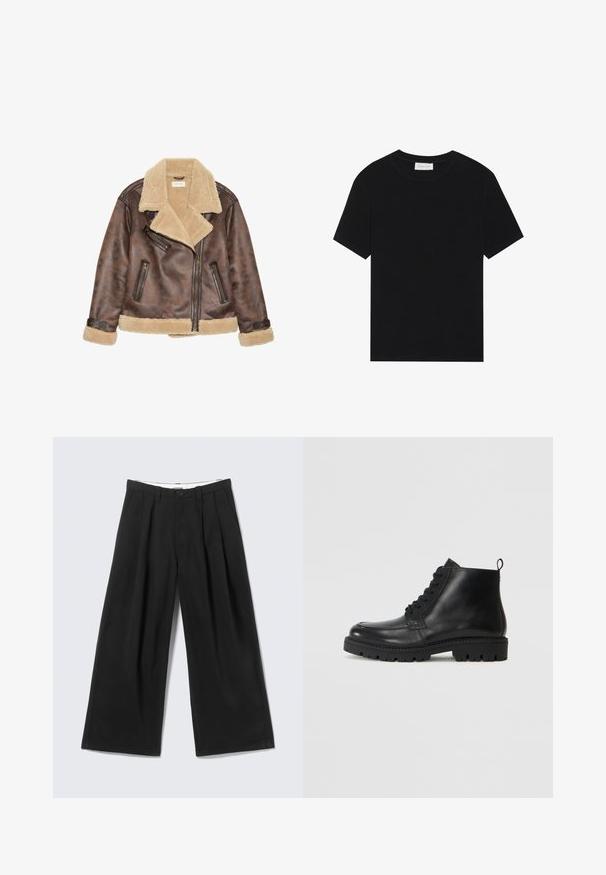Chaqueta de cuero marrón con cuello y forro de shearling beige, que presenta cremalleras diagonales y detalles de costura en los puños y el dobladillo.; Camiseta negra de manga corta hecha de tela de canalé, con un escote redondo y una silueta sencilla y cuadrada.; Pantalones anchos negros con pliegues, trabillas para cinturón y cierre de botón, mostrados sobre un fondo gris claro.; Botas negras de cuero hasta el tobillo con punta redonda, cordones en la parte delantera y suela de goma texturizada. Incluye una pestaña en el talón para ponerlas y quitarlas fácilmente.