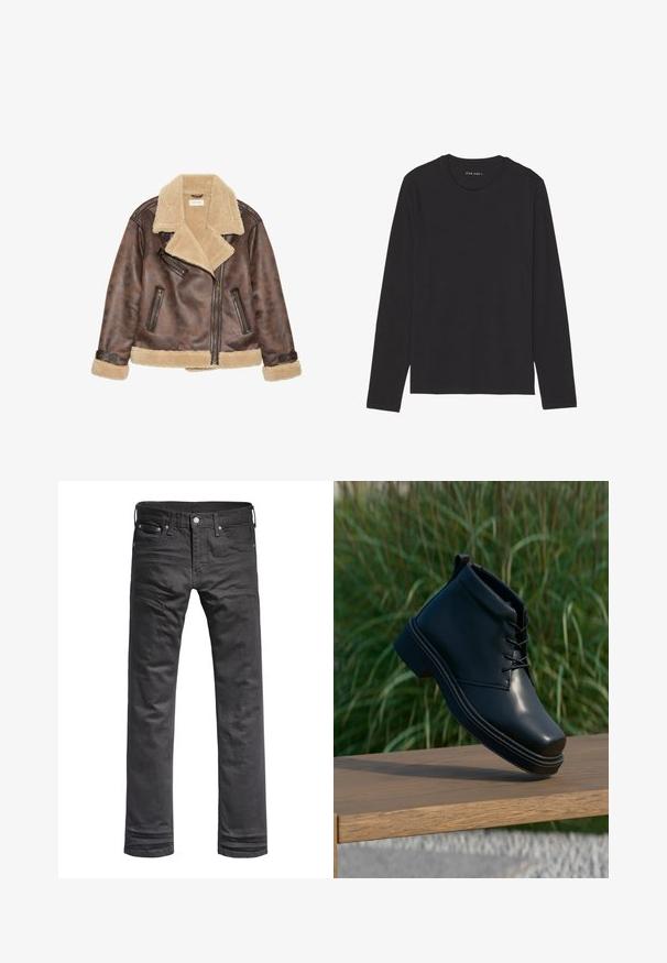 Chaqueta de cuero marrón con cuello y forro de shearling beige, que presenta cremalleras diagonales y detalles de costura en los puños y el dobladillo.; Camiseta negra de manga larga hecha de tela suave y ligera. Presenta un cuello redondo y un dobladillo recto. Sin patrones ni adornos visibles.; Vaqueros de mezclilla negros con un diseño clásico de pierna recta. Presentan bolsillos frontales, una bragueta con botones y detalles de costura sutiles.; Botín de cuero negro con un acabado suave, punta redonda y tacón marrón en contraste. Los cordones y los detalles de costura son visibles.