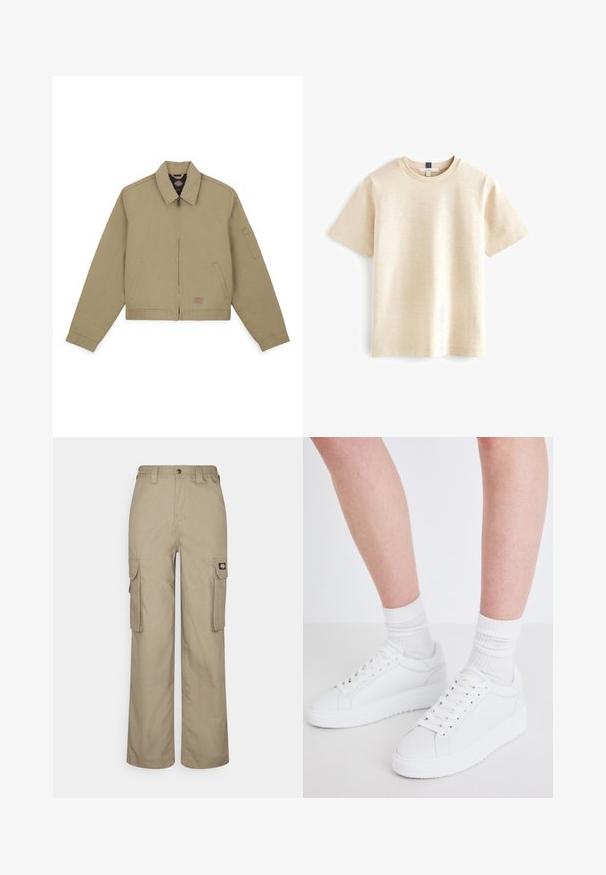 Khaki bomberjakke med lynlås foran, spidse kraver, sidelommer og en lomme på venstre ærme; lavet af slidstærkt bomuldsstof.; Beige kortærmet t-shirt med rund hals, lavet af blødt materiale med en diskret tekstur og en afslappet pasform. Ingen synlige logoer.; Beige cargo bukser lavet af slidstærkt stof, med en afslappet pasform, flere sidelommer og et elastisk liv med knaplukning.; Copenhagen Studios CPH72 - Sneakers - white