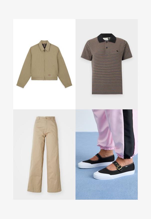 Khaki bomber jacket, mille lukuga, terava kaelus, küljetaskud ning vasakul varrukal tasku; valmistatud vastupidavast puuvillakattest.; Lühikeste varrukatega polosärk, millel on õhukesed horisontaalsed mitmevärvilised triibud ja ühevärviline must krae kahe nupuga nööbiribaga.; Bežid laihted püksid, mis on valmistatud puuvillast, nööbiga kinnituse ja vöörihmadega, sujuva tekstuuri ja puhta viimistlusega.; Mustad mustad jalanõud valge tallaga, millel on lõikekujundus ja kuldne pannal. Kombineeritud roosade treeningpükstega.