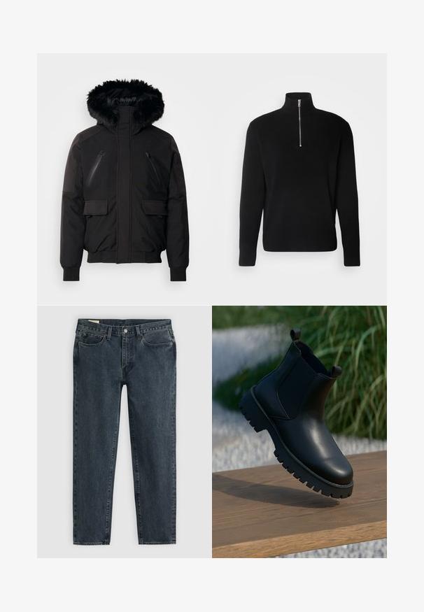 Zwarte geïsoleerde jack met een nepbont capuchon, ritszakken op de borst en zijflapzakken. Beschikt over elastische manchetten en een zoom voor een snug fit.; Lindbergh HALF ZIP RIB KNIT - Trui - black; Donkerblauwe denim jeans met een rechte pasvorm, vijf zakken en een knoopsluiting. Subtiele vervaging voegt textuur toe aan de stof.; Zwarte leren enkellaarsjes met elastische zijpanelen, ronde neus en robuuste zool, tentoongesteld op een houten oppervlak.
