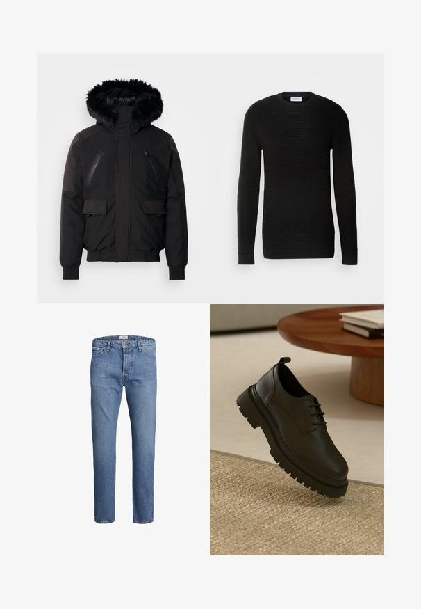 Schwarze isolierte Jacke mit einer Kapuze aus Kunstfell, mit Reißverschluss versehenen Brusttaschen und seitlichen Klappentaschen. Verfügt über elastische Bündchen und einen elastischen Saum für einen engen Sitz.; Schwarzer Pullover mit langen Ärmeln, gerippter Textur, rundem Ausschnitt und eng anliegenden Bündchen. Hergestellt aus einem weichen, dehnbaren Material.; Hellblaue Denim-Jeans mit geradem Schnitt, Fünf-Taschen-Design, einem einzelnen Knopf am Bund und subtilen Verwaschungen.; Schwarzer Lederschuh mit strukturierten Oberflächen, runder Zehenpartie, Schnürdesign und einer stabilen schwarzen Gummisohle. Schwebt über einem gewebten Teppich.