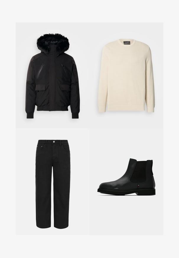 Veste isolante noire avec une capuche en fausse fourrure, poches zippées sur la poitrine et poches latérales à rabat. Elle dispose de poignets et d'un bas élastiques pour un ajustement serré.; Pull en maille beige clair avec col rond, manches longues et un motif texturé subtil. Il comporte un emblème sur la poitrine et un ourlet côtelé.; Pantalon noir droit avec fermeture avant par bouton et zip, passants de ceinture et trois poches avant sur un fond clair uni.; Botte Chelsea noire en cuir avec des panneaux latéraux élastiques, un bout rond et une tige texturée. Elle est dotée d'une semelle en caoutchouc plate et d'un détail de branding subtil.