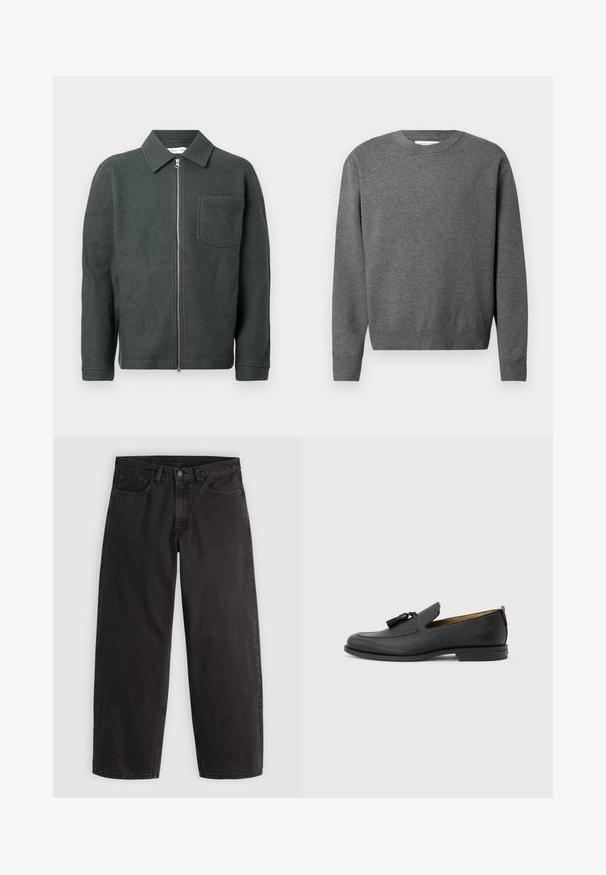Veste en laine vert foncé avec un col, fermeture éclair devant et poche poitrine unique. Présente une finition texturée et une coupe décontractée.; Pull en gris à col rond fabriqué en tissu tricoté doux. Dispose de manches longues et de poignets et d'un ourlet côtelés. Design minimaliste sans logos visibles.; Jean denim noir à coupe droite, cinq poches et passants pour ceinture, présenté à plat sur un fond clair uni.; Mocassin pour homme en cuir noir avec pompons, bout arrondi, petit talon et languette à l'arrière, présenté de profil sur un fond gris clair.