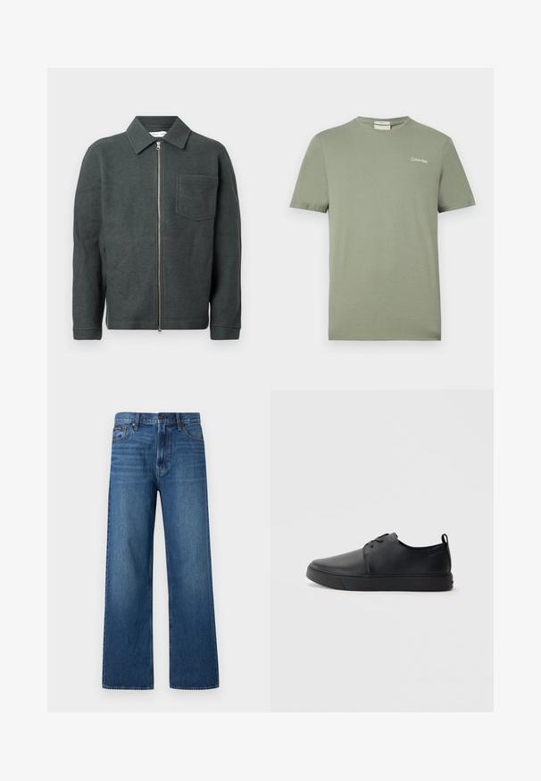 Veste en laine vert foncé avec un col, fermeture éclair devant et poche poitrine unique. Présente une finition texturée et une coupe décontractée.; T-shirt Calvin Klein vert olive à manches courtes, col rond, avec petit logo sur le côté gauche de la poitrine.; Jean bleu à taille haute et coupe droite, avec bouton et fermeture éclair à l'avant, cinq poches, et un petit patch de marque sur la poche droite.; Baskets en cuir noir avec une finition lisse, bout arrondi, coutures ton sur ton, devant à lacets et semelle plate en caoutchouc. Anse au talon.