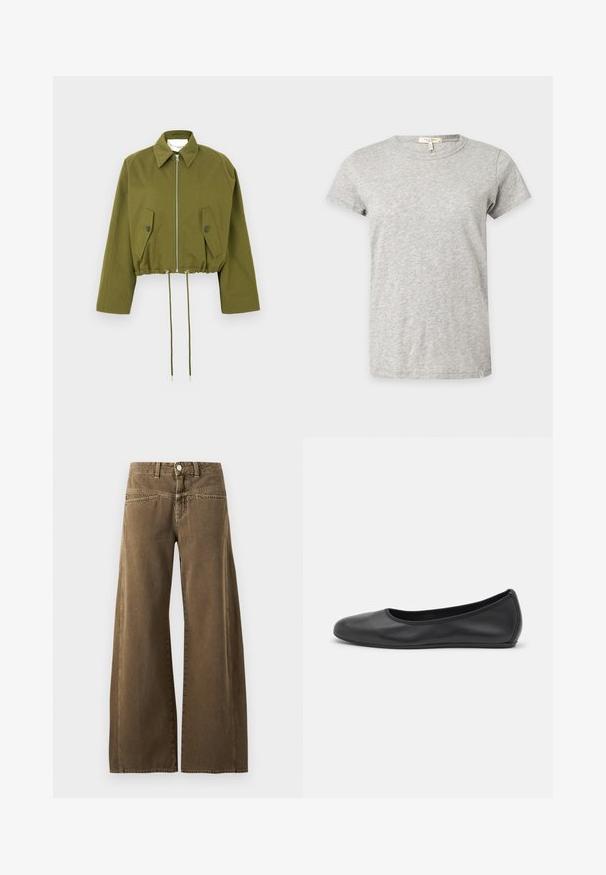 Veste courte couleur olive en tissu doux avec fermeture éclair devant, col pointu, deux poches à rabat et cordon de serrage ajustable à la taille.; T-shirt gris clair à manches courtes et col rond avec un motif chiné subtil affiché sur un fond uni.; Pantalon marron taille haute à jambes larges avec bouton devant, passants de ceinture, et coutures visibles sur fond clair.; Ballerines en cuir noir avec un bout rond, texture lisse, détails de couture minimalistes et design de semelle flexible.
