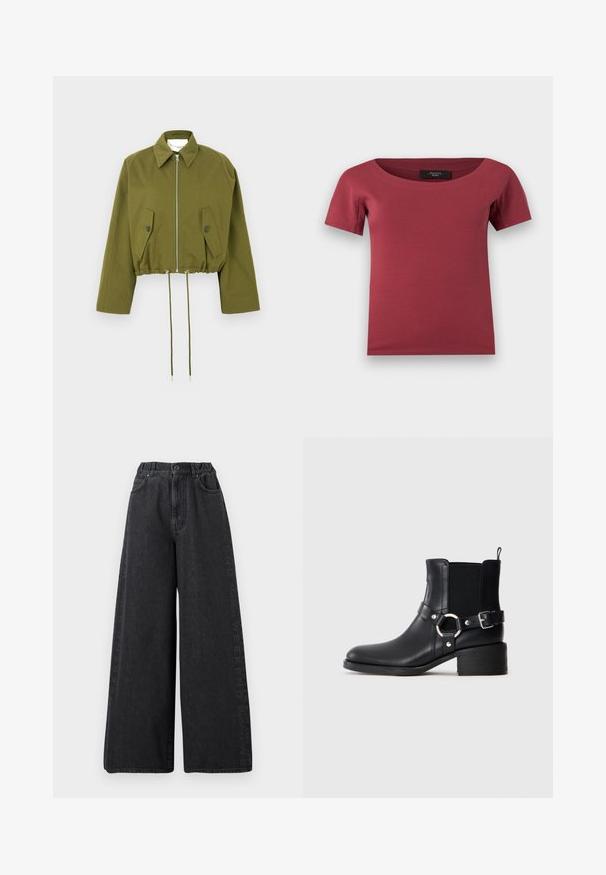 Veste courte couleur olive en tissu doux avec fermeture éclair devant, col pointu, deux poches à rabat et cordon de serrage ajustable à la taille.; Haut pour femmes à manches courtes, de couleur rose foncé, avec un large décolleté en arrondi et une coupe ajustée, posé à plat sur un fond blanc.; Jean noir à jambes larges et taille haute avec fermeture à boutons, poches avant, et texte vertical discret « Weekend MaxMara » le long des coutures latérales.; Bottine en cuir noir avec boucles latérales et détail en anneau, panneau latéral élastique, petit talon carré et languette de tirage sur fond uni.