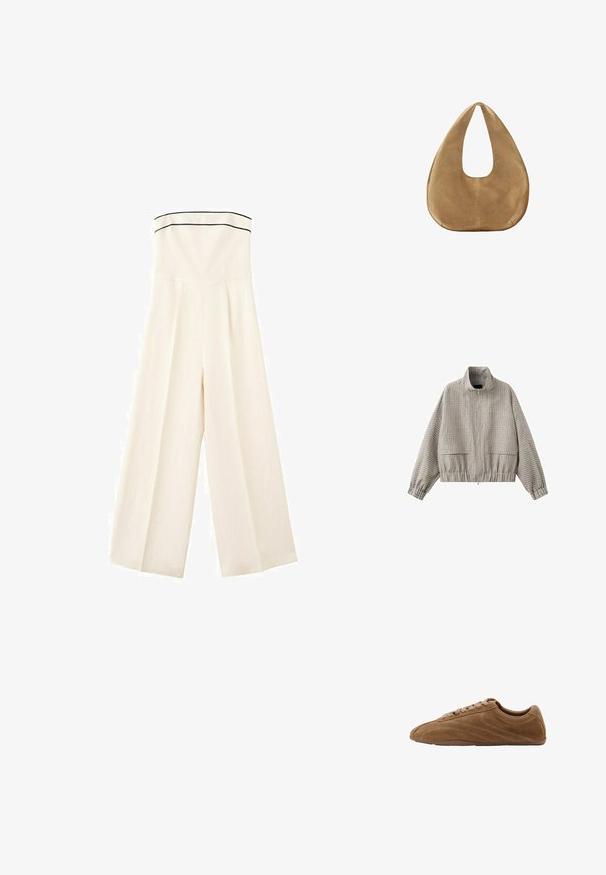 Veste zippée à carreaux beige et gris clair avec col montant, manches longues, ourlet élastiqué et poches avant à rabat.; Combinaison blanche bustier à jambes larges avec un liseré noir le long du haut et des coutures cintrées sur le corsage.; Baskets basses en daim marron avec fermeture à lacets et semelle fine en caoutchouc, vues de côté sur fond blanc.; Sac hobo en daim couleur camel avec un corps large et arrondi et une seule anse plate, présenté sur fond blanc uni.