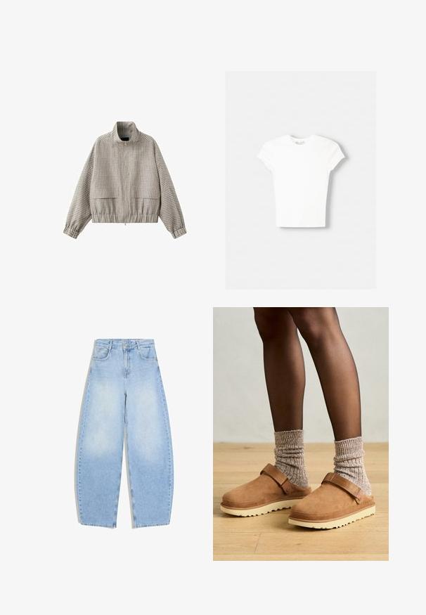 Veste zippée à carreaux beige et gris clair avec col montant, manches longues, ourlet élastiqué et poches avant à rabat.; T-shirt blanc à manches courtes en coton doux, avec un col rond et une coupe ajustée. Pas de motifs ni d'ornements visibles.; Jean large taille haute bleu clair avec bouton sur le devant, fermeture éclair et style cinq poches sur fond blanc.; Sabots en suède marron avec une sangle, semelle en caoutchouc crème et chaussettes en tricot gris texturé. Le sol est en bois clair.