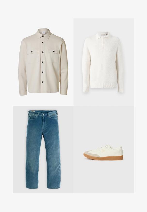 Beige langærmet skjorte med sorte knapper, to brystlommer med klap og knaplukning samt en spids krave.; Hvid strikket pullover med en struktureret finish, kravehals og tre-knaps placket. Ribbet kant og ærmer fuldender designet.; Lysblå fløjlsjeans med lige ben, der har frontlommer, lynlåsgylf og subtile vertikale ribber i stofstrukturen.; Sneaker lavet af hvid læder med en beige tåhætte og let brunt gummisål. Har flade hvide snørebånd og prægede branding på siden.