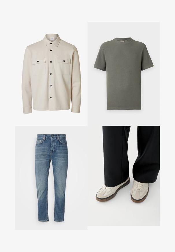 Beige langærmet skjorte med sorte knapper, to brystlommer med klap og knaplukning samt en spids krave.; Kortærmet olivengrøn T-shirt i struktureret strik med rund hals og lige kant, liggende fladt på en hvid baggrund.; Blå denimjeans med lige pasform, prydet med en falmet finish, fem lommer og metalaccenter på linningen og lommerne.; Fødder iført beige sneakers med brune såler og sorte bukser med vide ben på hvid baggrund.