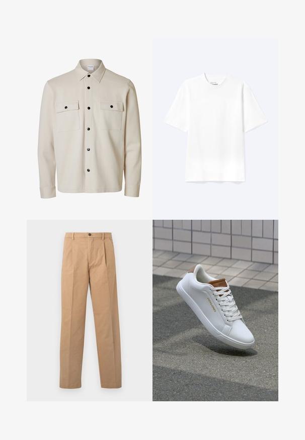 Camisa beige de manga larga con botones negros, dos bolsillos con solapa en el pecho con cierre de botón y cuello puntiagudo.; Camiseta lisa blanca de manga corta y cuello redondo con un corte relajado, mostrada sobre un fondo claro.; Pantalones caqui con un diseño de pierna recta, hechos de tejido de algodón; cuentan con un cierre de un solo botón y dos pliegues en la parte frontal.; Zapatillas deportivas de cuero blanco con una textura suave, acento marrón en el talón, logo dorado en el lateral y suela de goma con agarre texturizado.