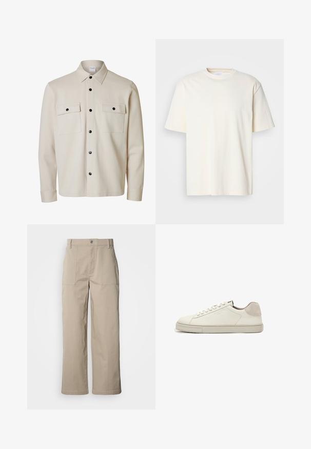 Beige overhemd met lange mouwen en zwarte knopen, twee borstzakken met kleppen en knoopsluitingen, en een puntige kraag.; Effen off-white T-shirt met korte mouwen en ronde hals, unisex ontwerp, weergegeven op een neutrale grijze achtergrond.; Beige wijde broek van katoen; voorzien van voorzakken met klep, een knoopsluiting en zichtbare stiknaden langs de zoom.; Witte leren lage sneaker met witte veters, licht gestructureerde zool en lichtgrijze suède hielpatch, zijaanzicht.