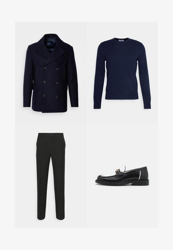 Isaac Dewhirst NEW SHORT PEACOAT SIDE ENTRY - Chaqueta de entretiempo - navy; Suéter de cuello redondo color azul marino, hecho de una tela suave, con mangas largas y un dobladillo acanalado. Sin patrones visibles ni adornos.; Pantalones negros ajustados con corte recto, que cuentan con un cierre de un solo botón y trabillas para cinturón. Tejido liso, mate y sin patrones.; Mocasín de piel negra con punta redondeada, acentos en blanco y herrajes dorados en la parte superior. Presenta un parche texturizado y un tacón apilado.