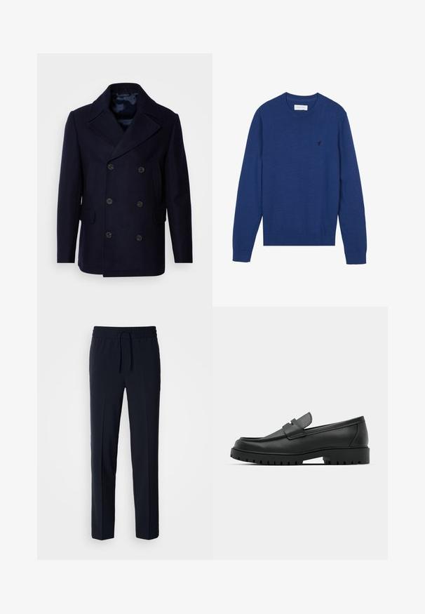 Isaac Dewhirst NEW SHORT PEACOAT SIDE ENTRY - Chaqueta de entretiempo - navy; Suéter de punto azul marino con cuello redondo, mangas largas y puños acanalados. Presenta un pequeño logo bordado en el pecho.; Pantalones ligeros azul marino con cintura elástica y cordón ajustable, que presentan un diseño de corte recto y una textura suave.; Mocasines de cuero negro con punta redonda, que cuentan con un diseño cosido, suela de plataforma baja y una suela de goma texturada y con tacos.