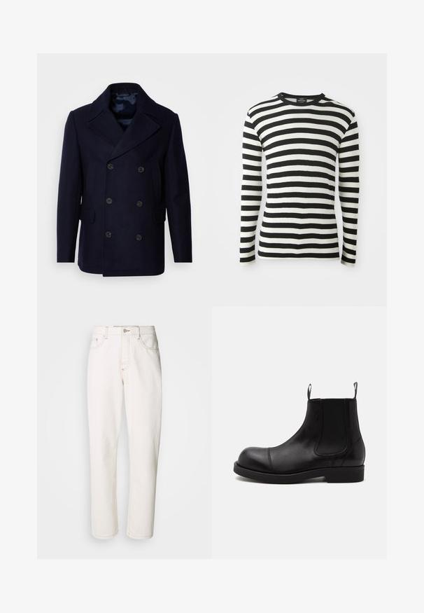 Isaac Dewhirst NEW SHORT PEACOAT SIDE ENTRY - Chaqueta de entretiempo - navy; Camisa de manga larga a rayas en blanco y negro, con cuello redondo y una textura suave. Hecha de una tela ligera, ideal para superponer.; Vaqueros de mezclilla blanca con un diseño de pierna recta, que presentan costuras cosidas, un cierre de botón metálico y una construcción estándar de cinco bolsillos.; Bota Chelsea de cuero negro con punta redondeada, paneles laterales elásticos, tiradores delante y detrás, suela plana, mostrada de lado sobre fondo blanco.