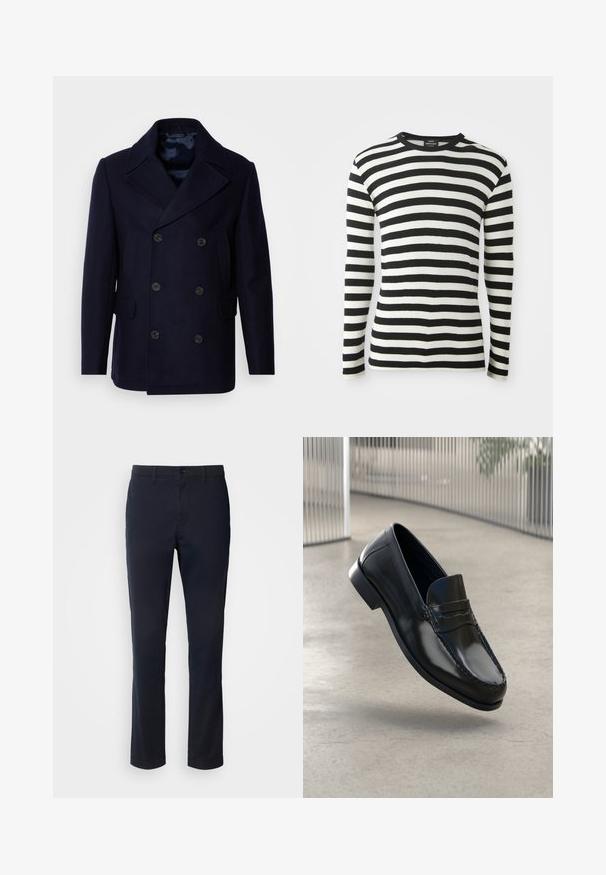 Isaac Dewhirst NEW SHORT PEACOAT SIDE ENTRY - Ľahká bunda - navy; Dlhý rukáv tričko v čiernych a bielych pruhoch, s okrúhlym výstrihom a mäkkou textúrou. Vyrobené z ľahkého materiálu, ideálne na vrstvenie.; Námornícke modré nohavice vyrobené z hladkej tkaniny, s rovnými nohavicami, pútkami na opasok a zapínaním na gombík s zipsom.; Čierne kožené mokasíny s hladkým povrchom, zaoblenou špičkou, dekoratívnym prešitím a mierne zvýšenou podrážkou.