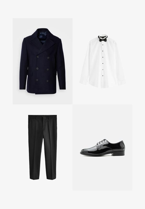 Isaac Dewhirst NEW SHORT PEACOAT SIDE ENTRY - Jas - navy; Wit overhemd met lange mouwen met zwarte knopen en een voorgestrikte zwarte vlinderdas op een witte achtergrond.; Zwarte broek in een rechte pijpdesign, met een vlakke voorkant, zijzakken en een strakke, elegante uitstraling. Gemaakt van lichtgewicht stof.; Zwarte gepolijste leren veterschoen voor heren, formeel, met lage hak, zijaanzicht op witte achtergrond.