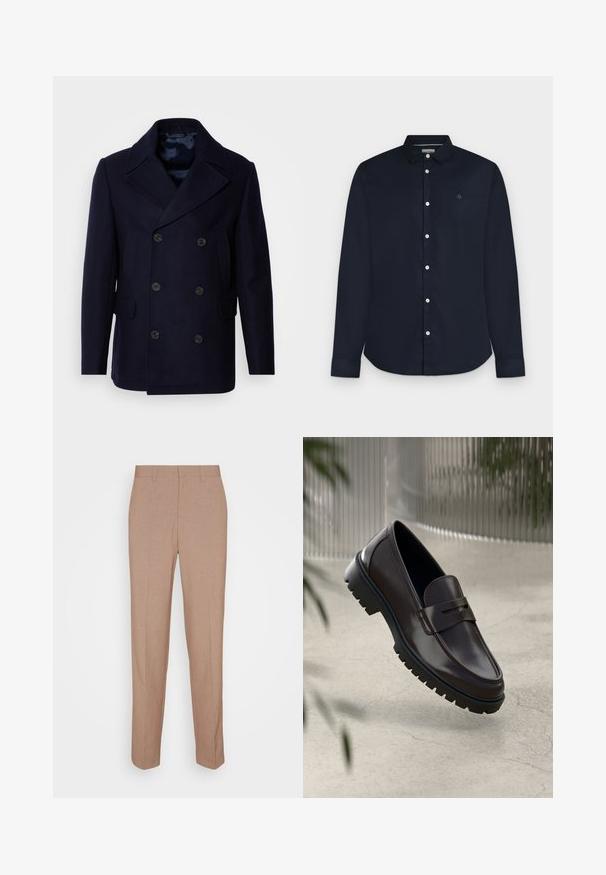 Isaac Dewhirst NEW SHORT PEACOAT SIDE ENTRY - Ľahká bunda - navy; Pánska dlhá tmavomodrá košeľa s golierom a bielymi gombíkmi, zobrazená na svetlosivom pozadí.; Béžové nohavice na mieru zo hladkej, štruktúrovanej tkaniny. Rovný strih s pásom bez viditeľných ozdôb alebo vreciek.; Hnedé kožené mokasíny s textúrovanou, ryhovanou gumovou podrážkou. Obsahujú elegantný dizajn a dekoratívny remienok cez priehlavok.