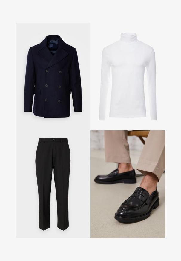 Isaac Dewhirst NEW SHORT PEACOAT SIDE ENTRY - Chaqueta de entretiempo - navy; Camisa de cuello alto de manga larga blanca, hecha de un tejido suave y elástico. Presenta un diseño ajustado que proporciona una silueta estilizada.; Pantalones negros de tela suave, con un diseño de pierna recta, bolsillos delanteros, un cierre de botón y sin patrones visibles.; Mocasines de cuero negro con un acabado suave, que cuentan con una correa decorativa y costuras en contraste, combinados con pantalones beiges.
