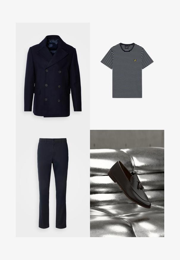 Isaac Dewhirst NEW SHORT PEACOAT SIDE ENTRY - Jas - navy; Navyblauw T-shirt met korte mouwen, dunne witte horizontale strepen en een klein geel vogellogo op de linkerborst.; Marineblauwe broek van een gladde stof, met een rechte pijpdesign, riemlussen en een knoopsluiting met een ritssluiting.; Donkerbruine leren loafer met kwastje die zweeft boven een glanzende zilveren bank met gestept oppervlak en reflecterende eigenschappen.